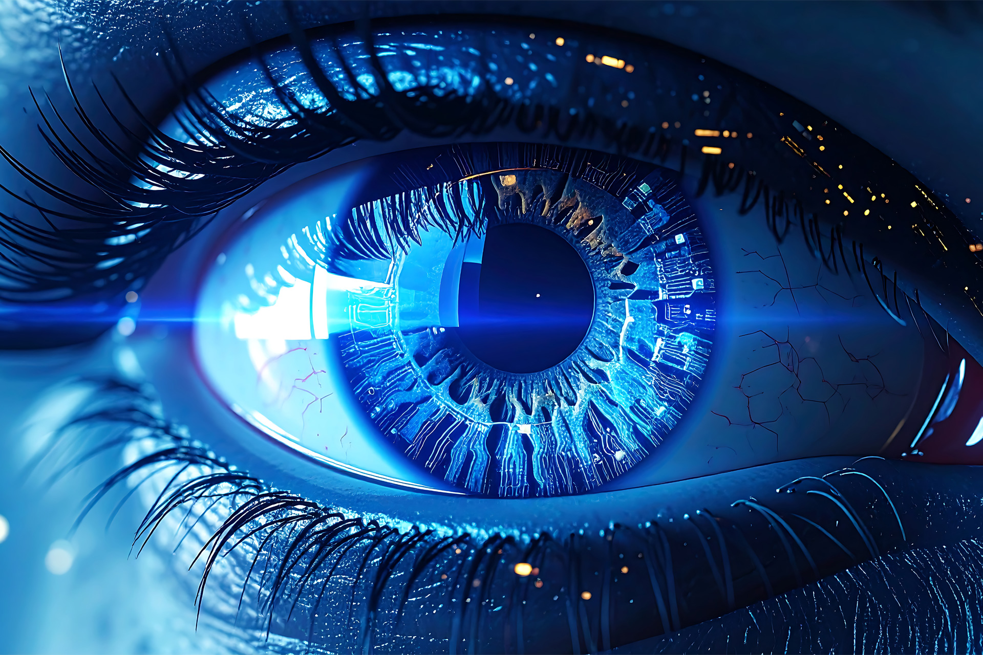 Close-up de um olho azul vibrante com detalhes que lembram circuitos digitais.
